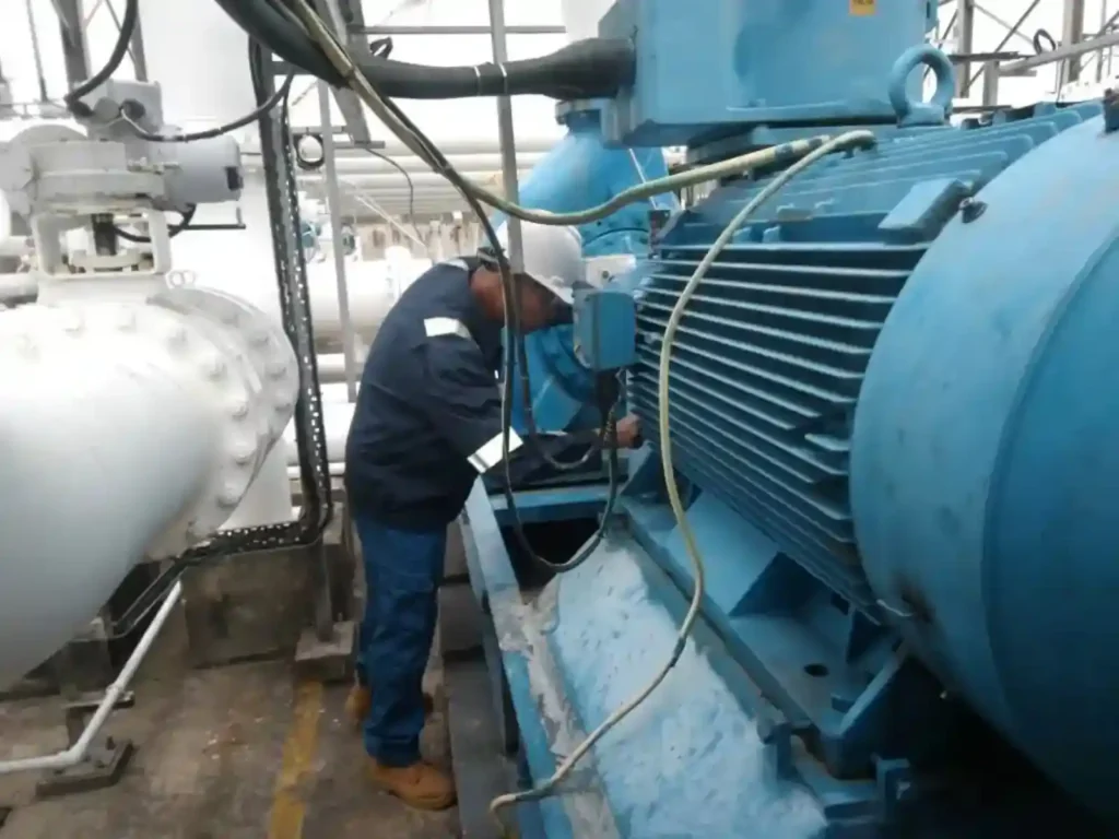 Vibration analysis technician collecting condition monitoring data from a large industrial electric motor.