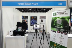 Vibtech Genesis exhibition booth showcasing VibVue motion magnification and e-MCM sensorless condition monitoring technologies at Oil & Gas Asia 2025