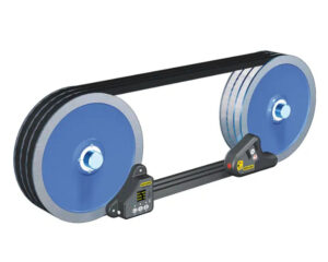 Easy-Laser XT190 laser belt alignment system with transmitter and digital detector mounted on two belt-connected pulleys