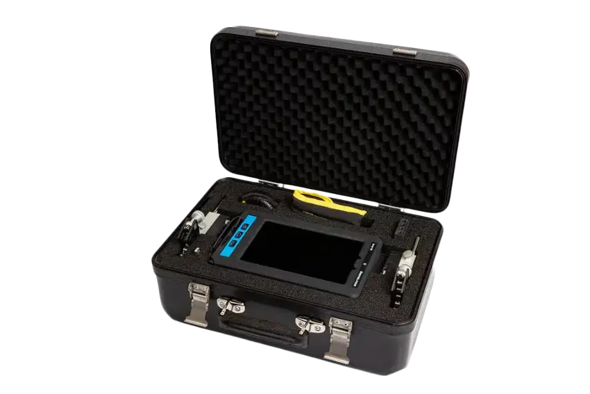 Easy-Laser XT550 Shaft EX laser alignment system with display unit and measuring components in its carrying case.