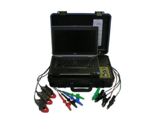 MCEMAX electric motor analyser in a portable case with integrated laptop, test leads and current probes