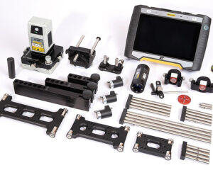Easy-Laser XT950 laser bore alignment system components, including XT24 transmitter, XT9 detector, XT12 tablet and mounting brackets