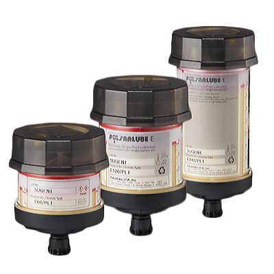 Three Pulsarlube E automatic lubricators in E60, E120 and E240 sizes, shown against a white background.