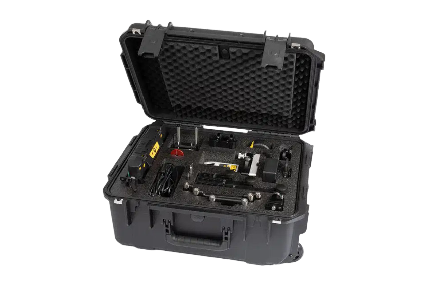 Easy-Laser XT950 bore alignment components arranged inside an open protective carrying case
