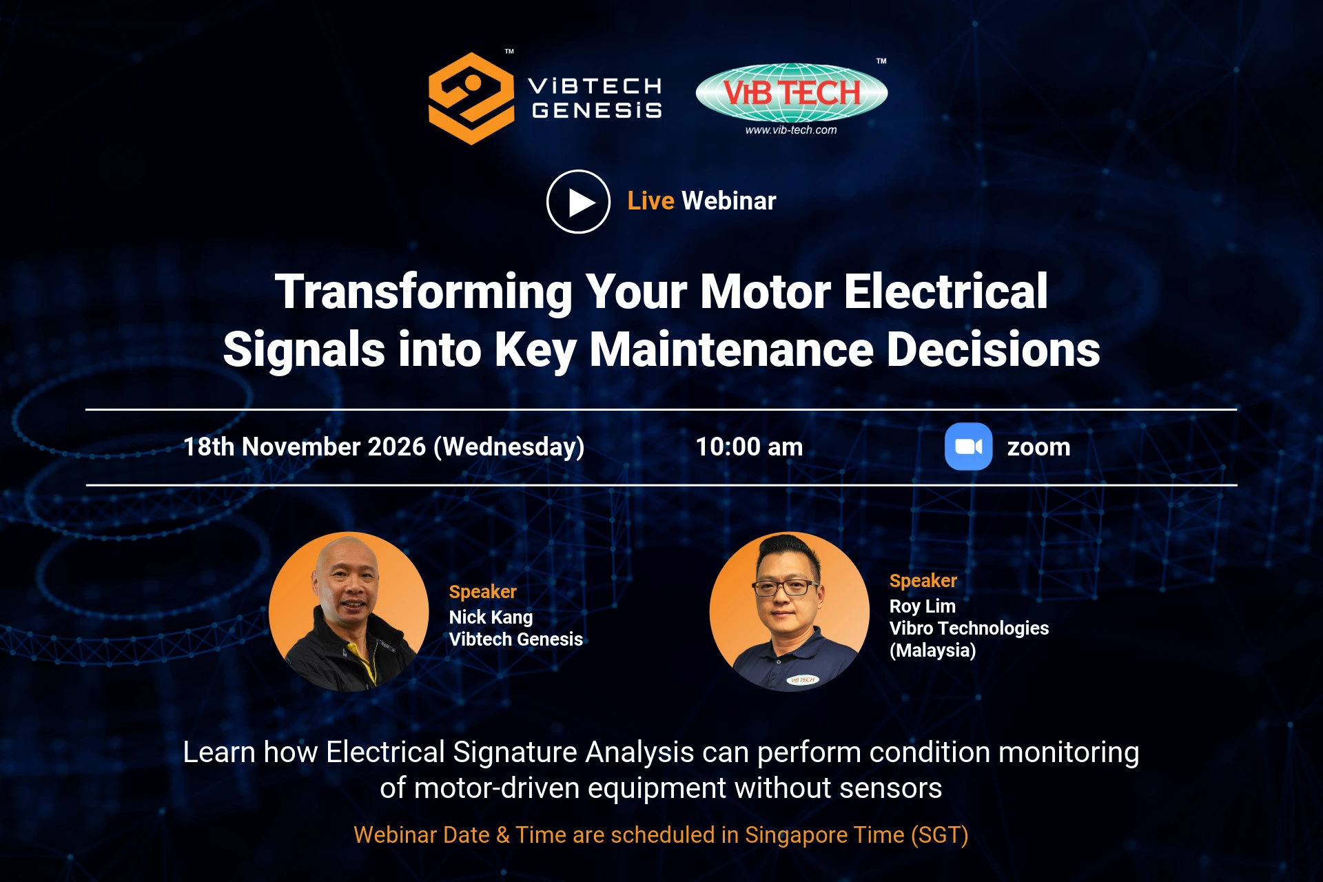 Electrical Signature Analysis webinar poster: Transforming Your Motor Electrical Signals into Key Maintenance Decisions, with Nick Kang and Roy Lim, on 18 November 2026 at 10 am SGT via Zoom.